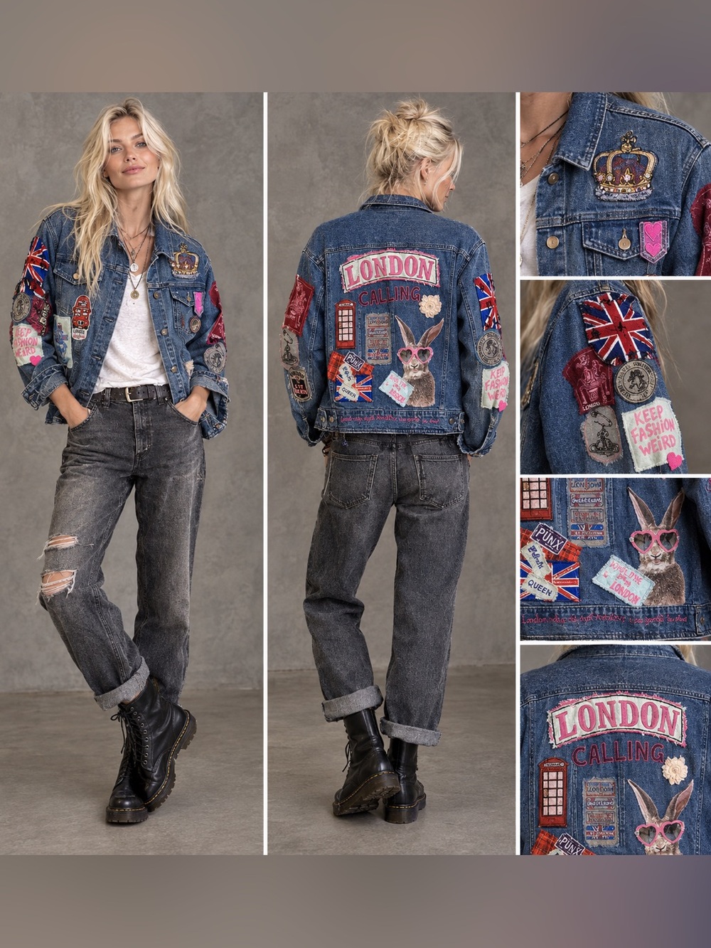 “London calling” Blue Denim Jacket with Pink & Red Patches